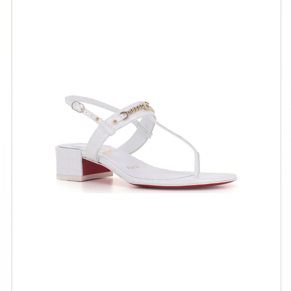 Christian Louboutin White Leather T-Strap Low Block Heel Sandals